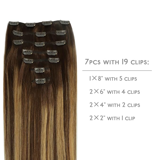 WENNALIFE Clip in Hair Extensions Real Human Hair, 18 Inch 120g 7pcs Balayage Chocolate Brown to Caramel Blonde Hair Extensions Clip in Human Hair Remy Clip in Hair Extensions Real Human Hair