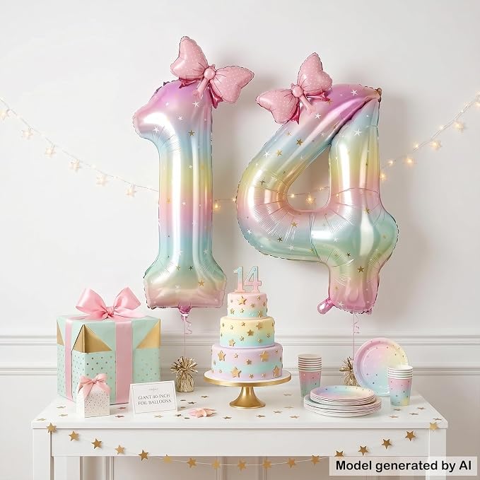 40" Giant Pastel Rainbow Number 14 Balloon Foil Pink Bow Decor Kit | - Image 3