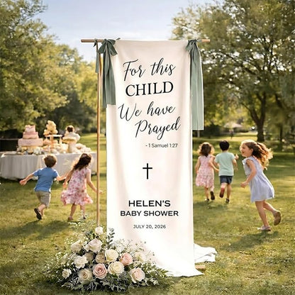 Personalized Christian Baby Shower Fabric Sign Hello Baby Linen Backdrop | - Image 4