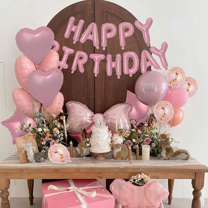 27 Pcs Pink Birthday Decorations, 3D Foil Pink Happy Birthday Balloon Banner - Image 6