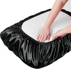 Manyshofu Satin Pillowcases for Hair Protection - 1Pcs Black Pillow Cases, Elastic Band Standard & Queen Satin Pillowcases Luxury Silky Pillow Cases Travel Pillow Covers