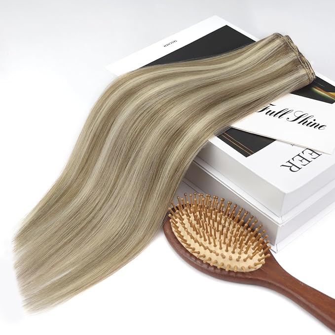 Full Shine Blonde Extensions Clip in 16 Inch Clip in Hair Extensions Real Human Hair Lace Weft Brown and Blonde Highlight Hair for Thin Hair 3 PCS 60 Grams