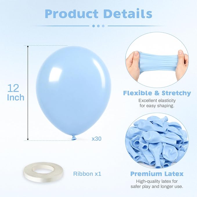 Pastel Blue Balloons, 12 Inch Baby Blue Latex Party Balloons | 30 Pack Light - Image 2