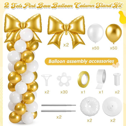 2 Sets Gold White Bow Balloon Column Stand Kit Includes 2 Bows & 100 Latex - Image 2