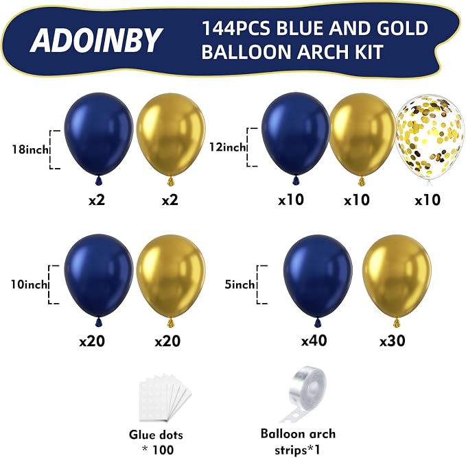 Blue and Gold Balloon Arch Kit, ADOINBY 144Pcs Navy Blue Metallic Gold Latex - Image 2