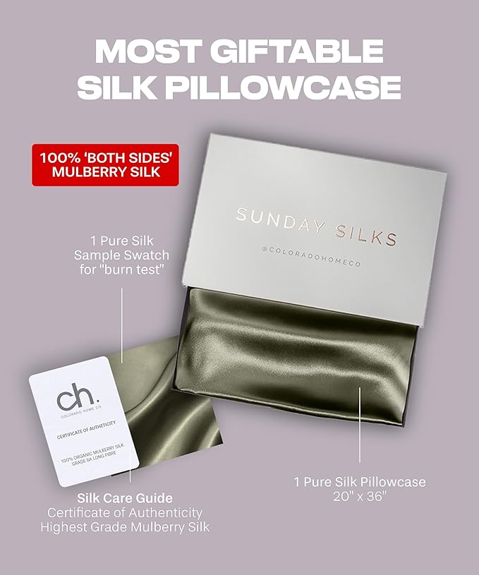 SUNDAYSILKS™ Premium Silk Pillow Cases | 100% Mulberry Silk Pillowcase with Zipper, All Sides Real 22 Momme Grade 6A Silk, Standard Queen, King Size [Olive]