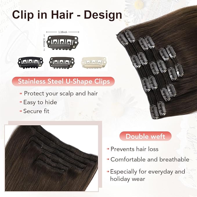 XDhair Clip in Hair Extensions Human Hair 100g 16inch 6pcs Blayage Dark Brown to Dirty Blonde Remy Real Human Hair Clip in Hair Extensions 16inch #2/6/18