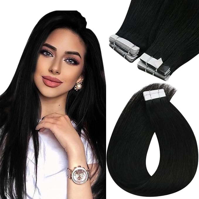 Sunny Hair Tape in Hair Extensions Human Hair 18inch Hair Extensions Real Human Hair Tape in Extensions for Women Jet Black Invisible Remy Hair Natural Straight Skin Weft Double Sided Tape 40pcs 100g