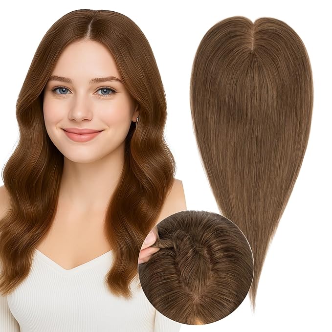Real Human Hair Toppers for Women 3.54"*4.72" Silky Base 150% Density No Bangs Adjustable Parting Clip-In Topper Hairpieces for Women with Thinning Hair 14 Inches Medium Brown