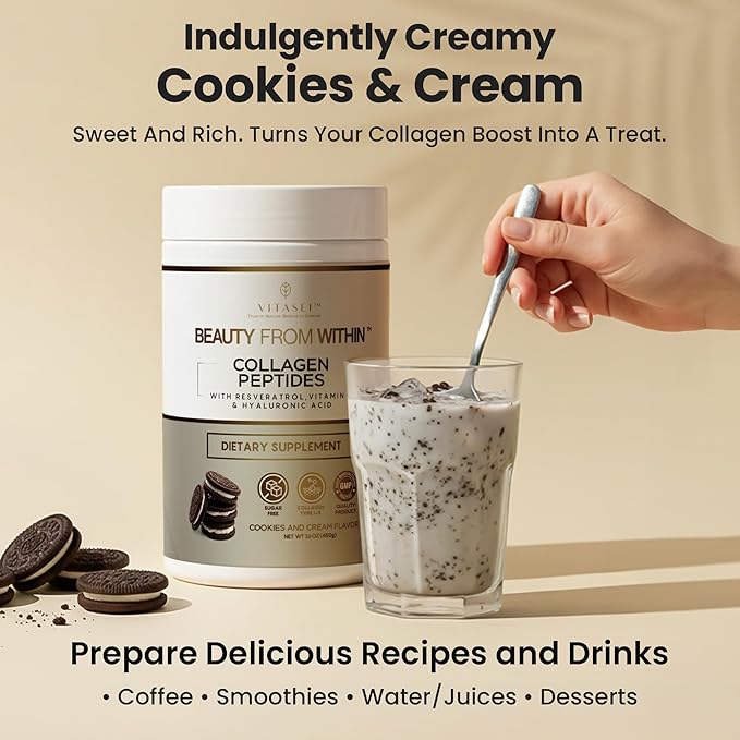 VITASEI Hydrolyzed Collagen Peptides Powder with Resveratrol & Vitamin C – Hair, Skin & Joint Support – Colágeno Hidrolizado for Women & Men – Delicious Cookies & Cream Flavor, 16 oz (30 Servings)