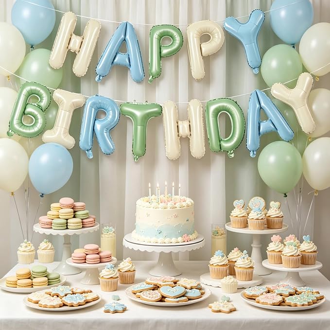 TONIFUL 16 Inch Sage Green Cream Blue Happy Birthday Balloons Banner Decor | - Image 3