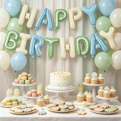 TONIFUL 16 Inch Sage Green Cream Blue Happy Birthday Balloons Banner Decor | - Image 3