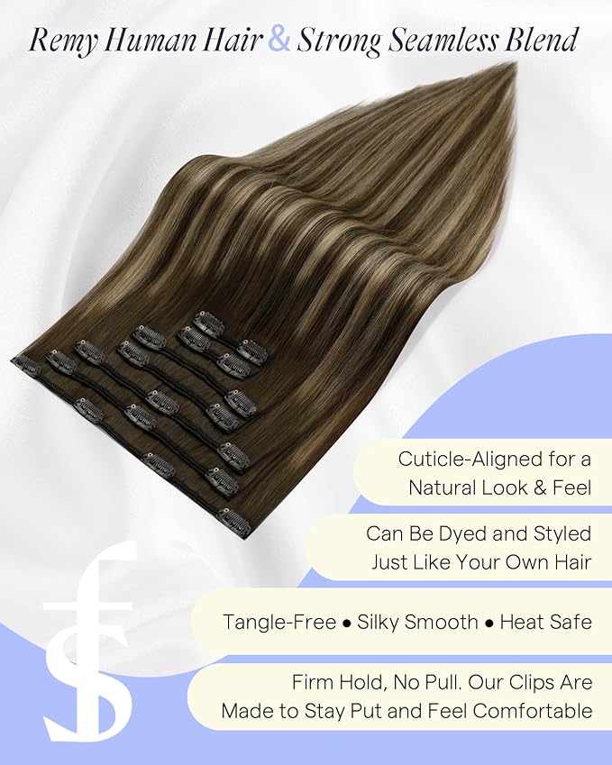 Full Shine Real Hair Clip in Extensions Human Hair 20 Inch Balayage Medium Brown to Honey Blonde Clip Hair Extensions 150 G 7 Pcs