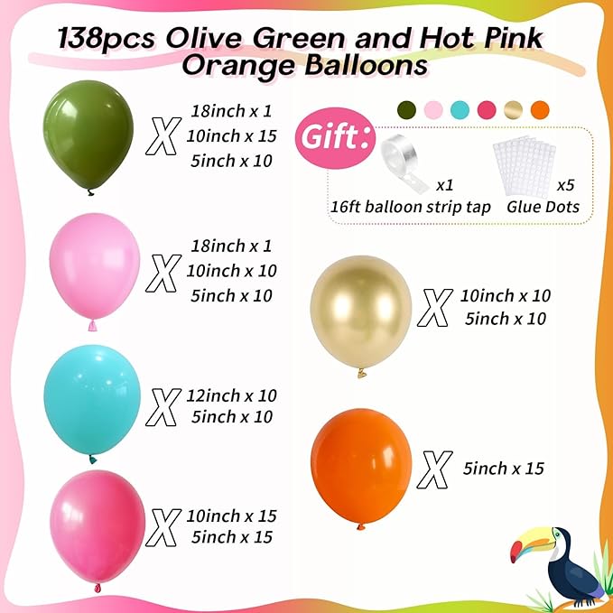138pcs Flamingo Tropical Luau Balloons Arch Garland Kit, Olive Green and Hot - Image 2