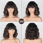 MISSQUEEN Black Mixed Brown Wigs Short Wavy Curly Wig with Bangs Shoulder Length Synthetic Hair Wigs Heat Resistant Fiber Wig for Daily Party (Black Mixed Brown)