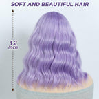 NOBLE Short Curly Purple Bob Wig with Bangs for Girls and Women Shoulder Length Heat Resistant Synthetic Wig Bob Curly Loose Wavy Hair Wigs for Halloween Cosplay 12 Inches