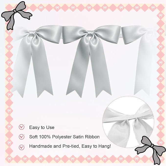 2 Strings of 16PCS Silver Bow Garlands Banner Decoration, Pre-Strung Satin - Image 3