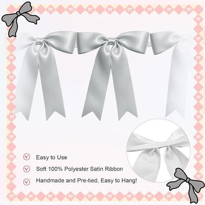 2 Strings of 16PCS Silver Bow Garlands Banner Decoration, Pre-Strung Satin - Image 3