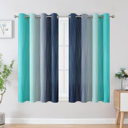 Navy Blue and Teal Blackout Curtains 45 Inch Length, Full Light Blocking - Image 2