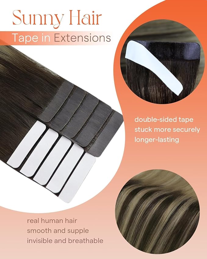 Sunny Tape in Hair Extensions Human Hair Dark Brown Balayage Blonde Hair Extensions Real Human Hair Tape ins 20 Inch Tape in Extensions 20Pcs 50g
