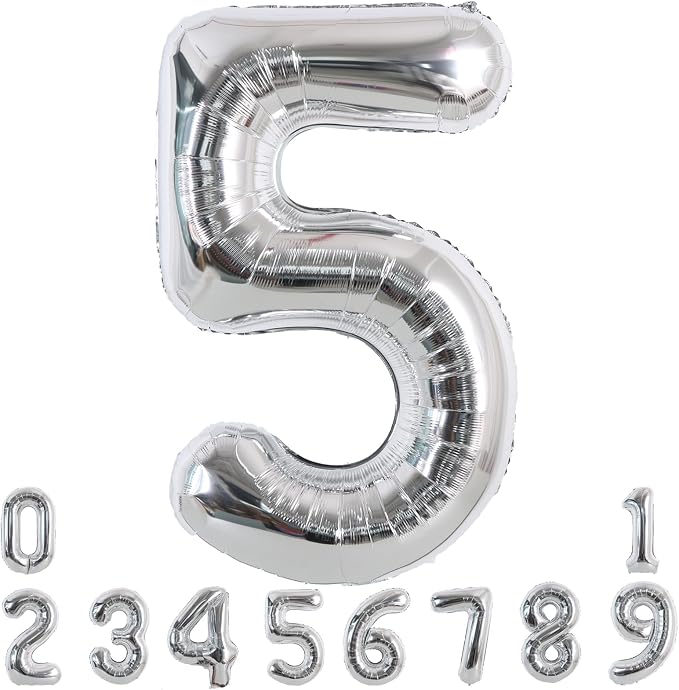 TONIFUL 40 Inch Silver Number 5 Balloon Large Foil 5th Birthday Decorations | by TONIFUL