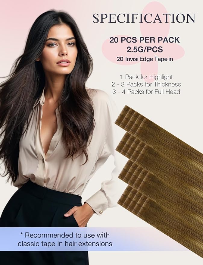 DOORES Invisi Edge Tape in Extensions Human Hair, Medium Brown Highlighted Dirty Blonde 10 Injection Tape-ins with 10 Injection Tape-ins 50g 22 Inch, Injected Tape in Extensions
