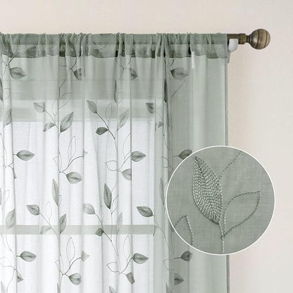 HOMEIDEAS Sage Green Sheer Curtains 52 X 63 Inches Length 2 Panels Embroidered - Image 5