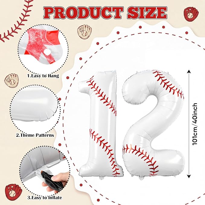 Jenaai Baseball Number 12 Balloons 40 Inch Baseball Theme Birthday Party - Image 2