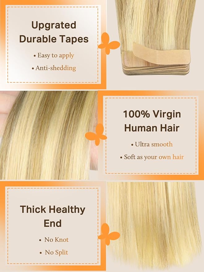 DOORES Hair Extensions Human Hair, Drity Blonde Highlight Golden Blonde 20pcs 50g 16 Inch, Human Hair Extensions Tape in Straight Hair Real Human Hair