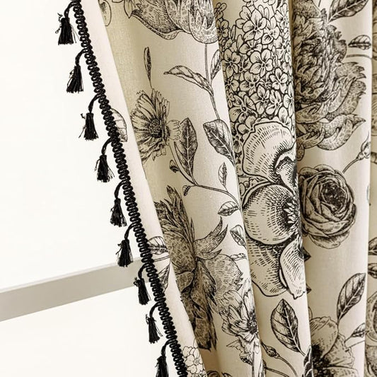 F-CHU Black Floral Farmhouse Curtains Living Room Drapes 90 Inch Length Cotton by F-CHU