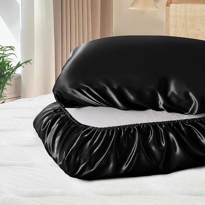 SiinvdaBZX Black Satin Pillowcase Standard/Queen Size Set of 2, Silky Travel Elastic Band Satin Pillow Case for Hair and Skin, Soft Portable & Fit for Various Pillow