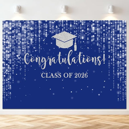 Mocsicka Class of 2026 Backdrop Blue Silver Glitter Bokeh Graduation Party by Mocsicka