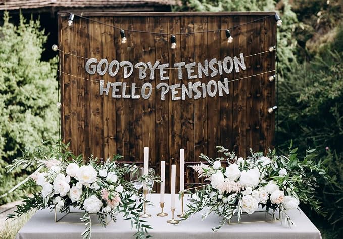 Pre-Strung Goodbye Tension Hello Pension Silver Glitter Banner - Image 7