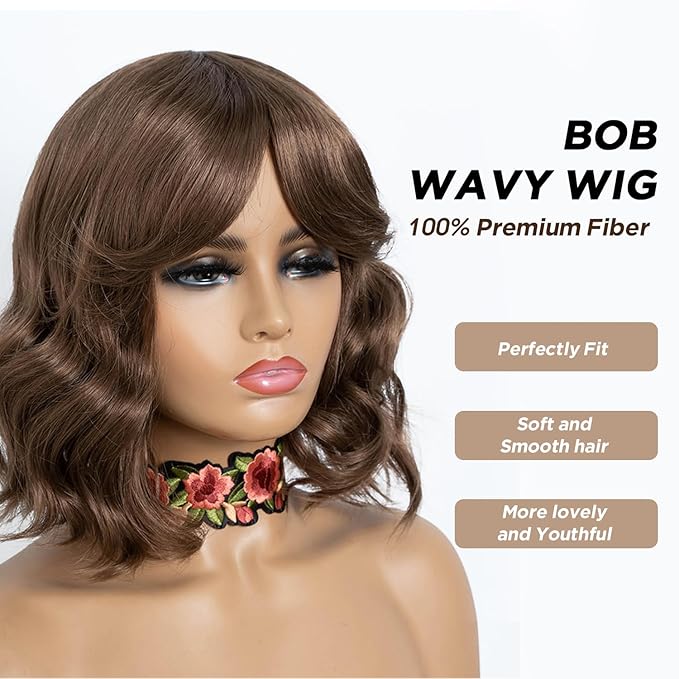 NOBLE Bob Wig with Bangs 12 Inches Synthetic Wavy Bob Wigs for Women Natural Looking Short Brown Wig Heat Resistant Fiber Hair for Daily Party Use