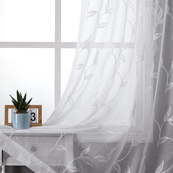 White Sheer Curtains Boho Leaf Floral Embroidered 54Wx63L | Light Filtering by VISIONTEX