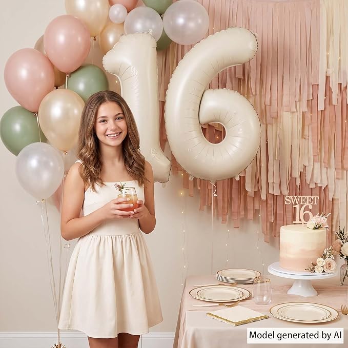 Cream Number 16 Balloon 40 Inch, Foil Numeral - Image 2