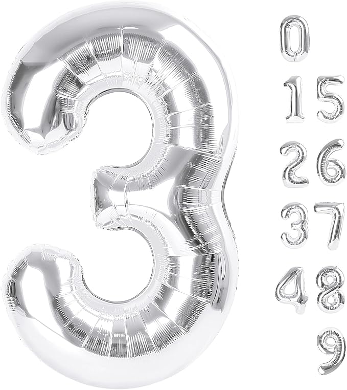 Large Number Balloons 40 Inch Silver 3 Balloon by Mluchee