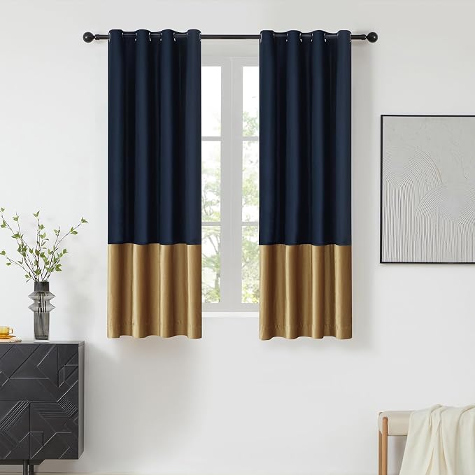 Navy Gold Velvet Blackout Curtains Luxury Decor 63 inches, Color Block | Living by ModernShinyVelvetCurtains