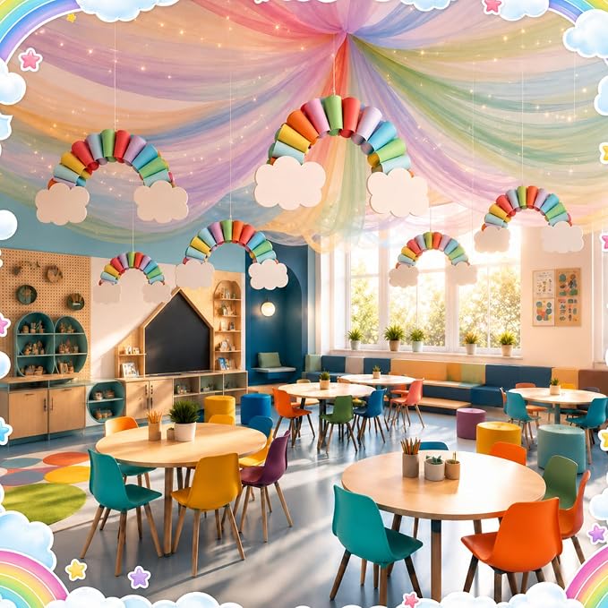 Fanfanwin 241 Pcs Rainbow Ceiling Decoration, 3D Hanging Rainbow Cloud Paper - Image 3
