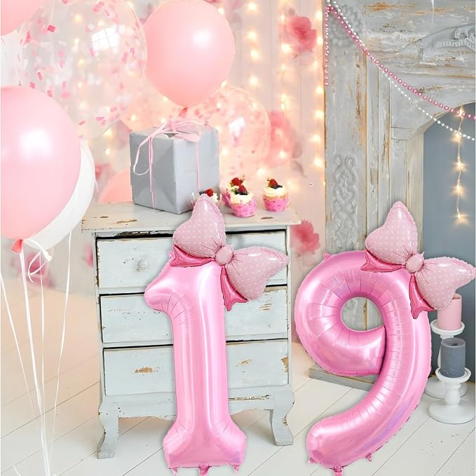 40 inch Number 19 Balloon with Bow Pink Happy Birthday Jumbo Number Balloons - Image 3
