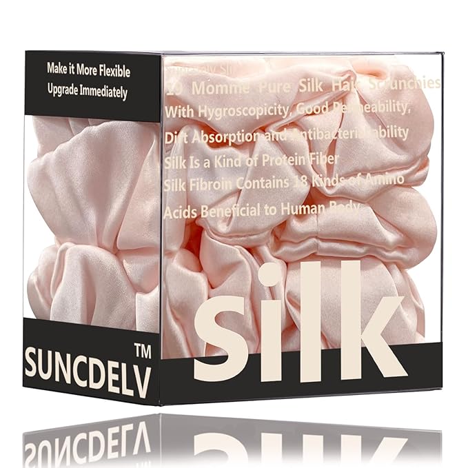 Suncdelv Silk,100% Silk Scrunchies for Hair,22 Momme Hair Ties for Anti-Crease & Breakage,Natural Women Hair Accessories，Fashion Hairbands 3PCS（Pink）