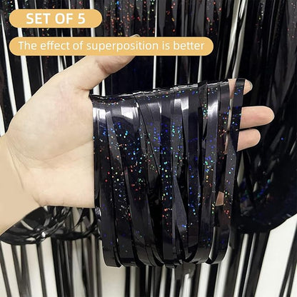 5 Pack Black Foil Curtain Backdrop 3.2ft x 9.8ft Metallic Tinsel Foil Fringe - Image 2