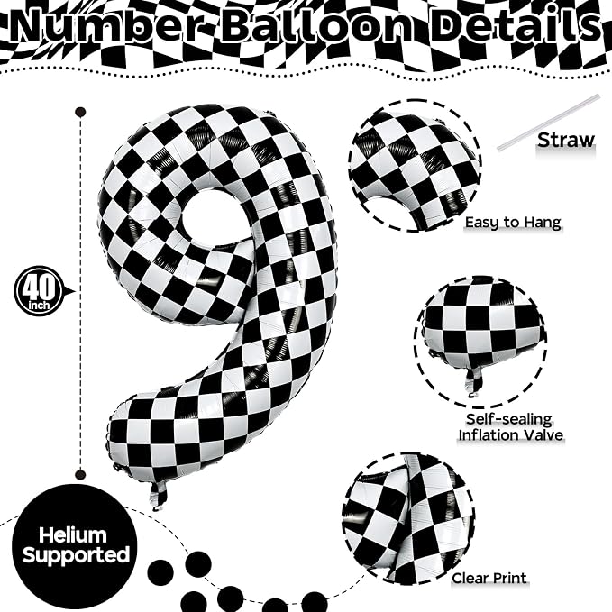 40 Inch Number 9 Balloons for Boys, Checkered Big 9th Birthday Balloons Decor - Image 2