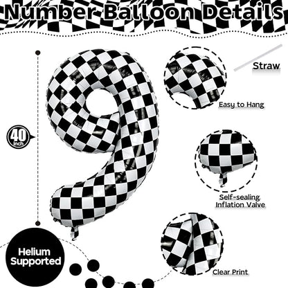 40 Inch Number 9 Balloons for Boys, Checkered Big 9th Birthday Balloons Decor - Image 2