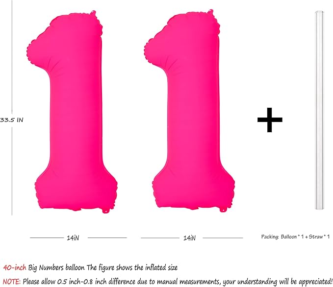 Pink Birthday Number 11 Balloons 40IN Fluorescent Pink 11 Foil Balloon | - Image 2