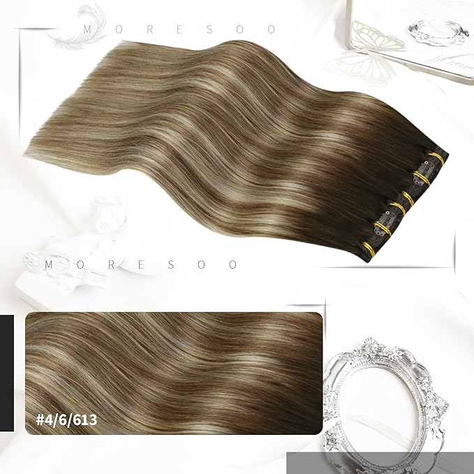 Moresoo Real Hair Extensions Clip in Human Hair Dark Brown to Light Brown Balayage Clip Extensions Medium Blonde Hair Extensions Real Human Hair Clip ins Straight Hair 7 Pcs 120G 20 Inch