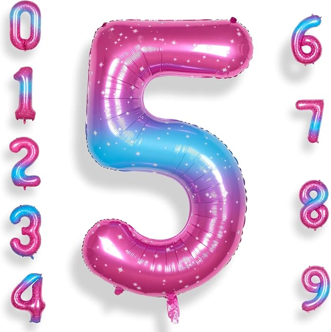 RainbowQ Blue Pink 5 Balloon Number 40 Inch Big 0-10 Foil Large Balloon | by RainbowQParty