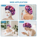 Upgraded Waterproof Terry Shower Caps, Reusable Shower Cap for Women with Long Hair, Soft Absorbent Hair-Protecting Towel Lining Bath Cap, Large Leak-Proof Hair Cap with Fashionable Print Outer-Purple