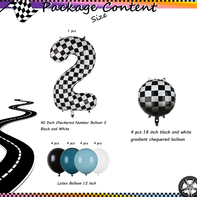 Race Car Balloon Bundle Blue Black 40 Inch Checkered Number Balloon 2 | Black - Image 2
