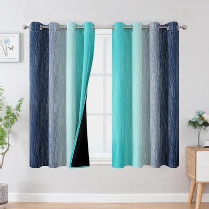Navy Blue and Teal Blackout Curtains 45 Inch Length, Full Light Blocking by ESTELARTEXTILER